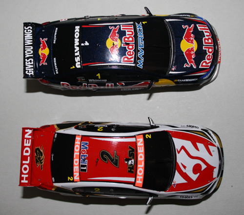 Top view. There is dirt or something in the blue paint on the roof of the Red Bull car, but not noticeable in this pic
