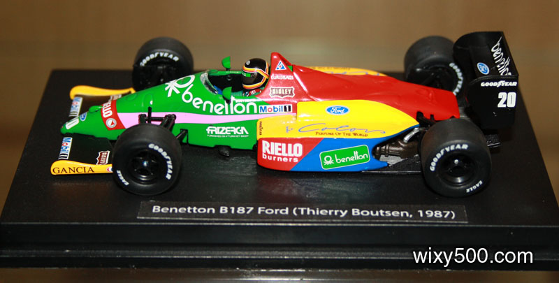 To get an F1 Minichamps display in alginment with teh base requires the locating lug to be cut off the plinth. This Benetton,once straighten up, screwed down without issue and, in my opinion, display well. Car/driver information was printed on paper and glued to the base with PVA glue. 