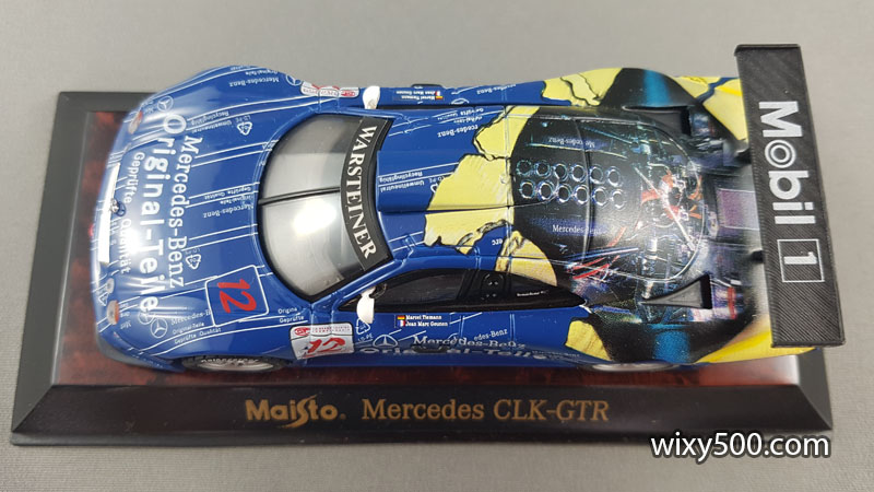 diecast Mercedes CLK-GTR from 1998 by Maisto features the unique “exposed engine” decoration across the back and comes fitted with rubber rain tyres.